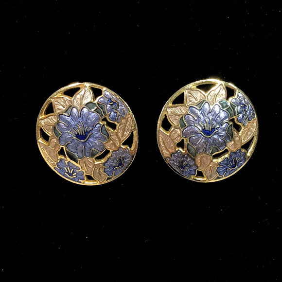 Retro Enamel Purple Earrings Gold Flower Circle Pierced Cutouts, Fish and Crown - Picture 1 of 8